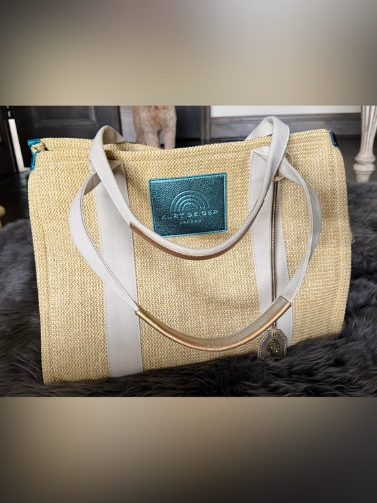 Kurt Geiger Handbags - Calling all Beaches! Kurt Geiger Cream Straw Tote with Blue Metallic Logo Patch